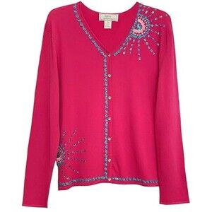Lisa International Beaded Embroidery Sun Cardigan Sweater In Hot Pink Sz Large